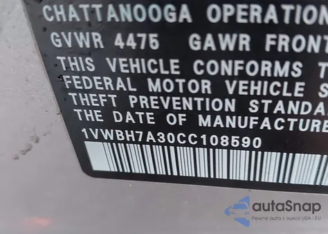 2012 Volkswagen Passat 2.5L Se from USA, damaged, VIN 1VWBH7A30CC108590